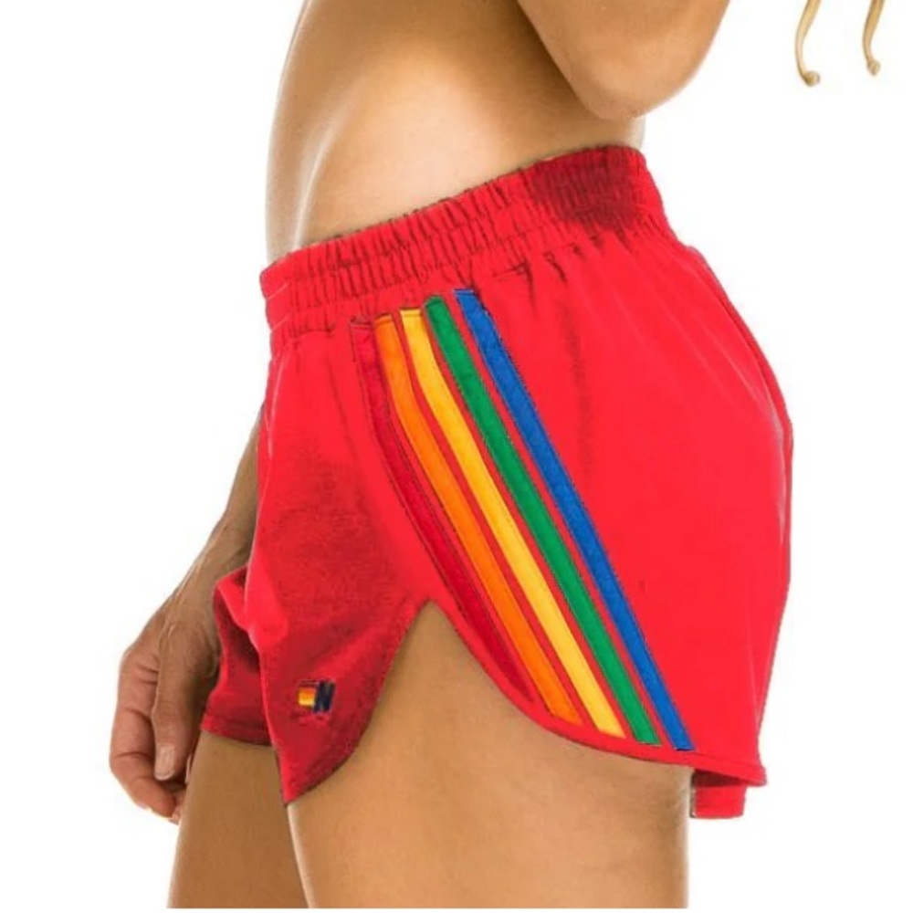 AVIATOR NATION WOMEN'S 5 STRIPE FLEX BOARD SHORTS - RED // RAINBOW